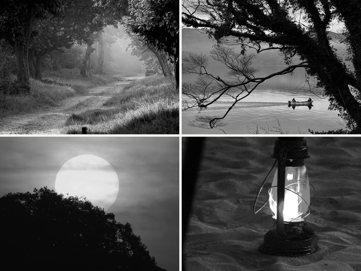 The four Nāda for Sleep images in black and white: a misty forest path, a tree over a lake with a boat, a full moon over a hill, a lantern on sand.