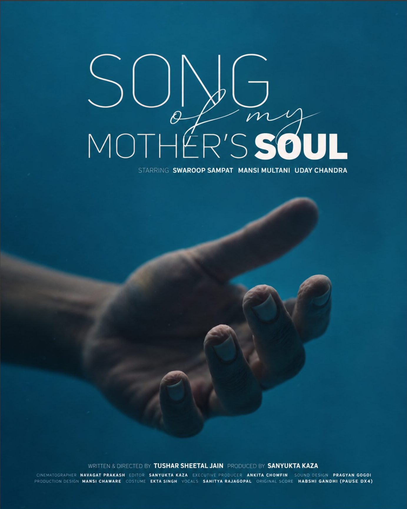 Poster for Song of My Mother’s Soul: an open hand reaching through blue water beneath the title.