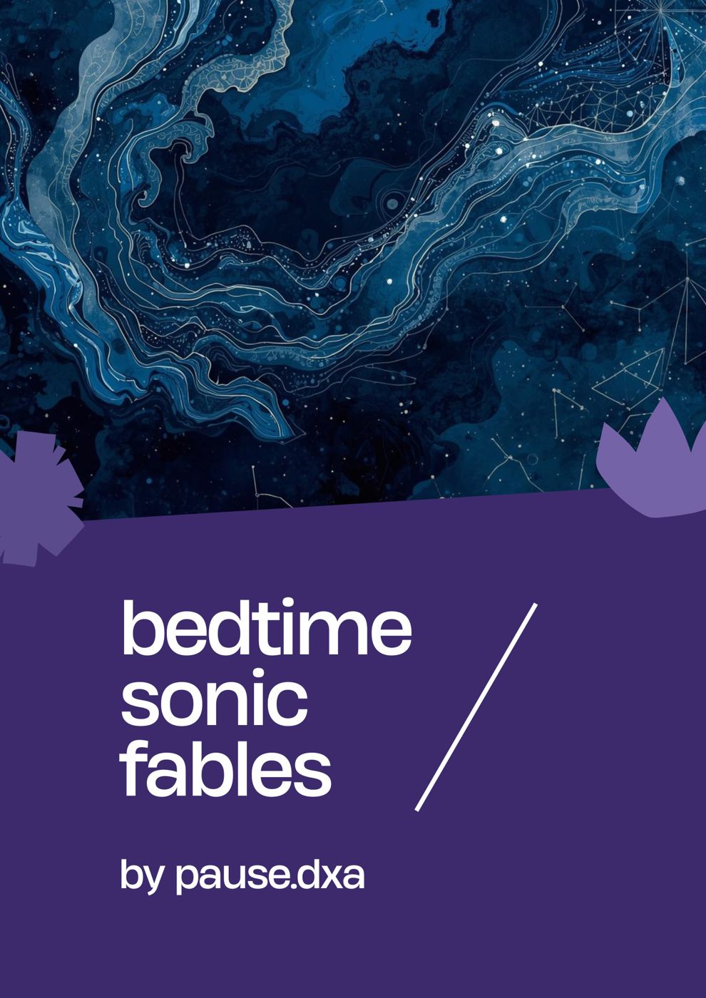 Bedtime Sonic Fables cover: swirling deep-blue marbled waters with constellations, on violet.