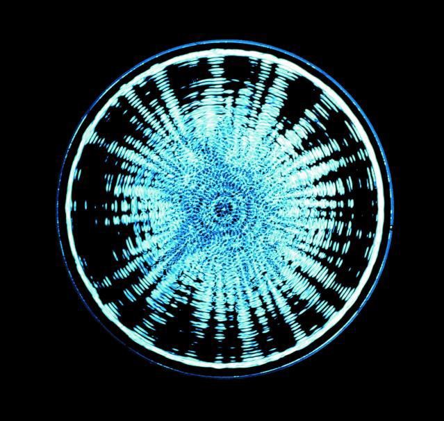 Radial white cymatics pattern on black.