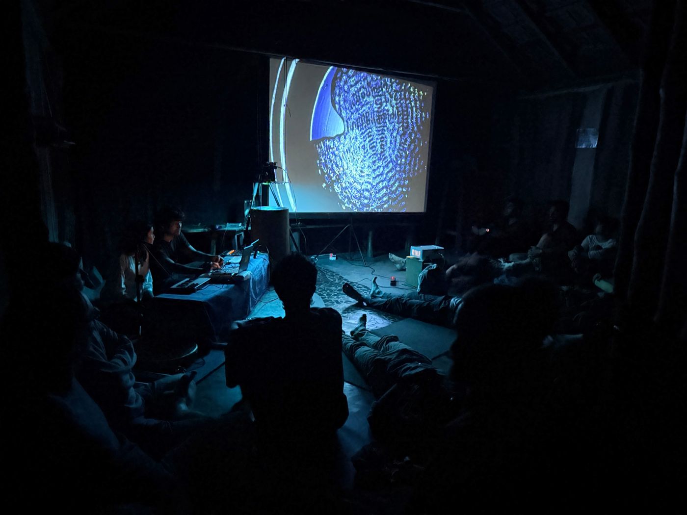 Audience lying down in the dark in front of a projected cymatics image.