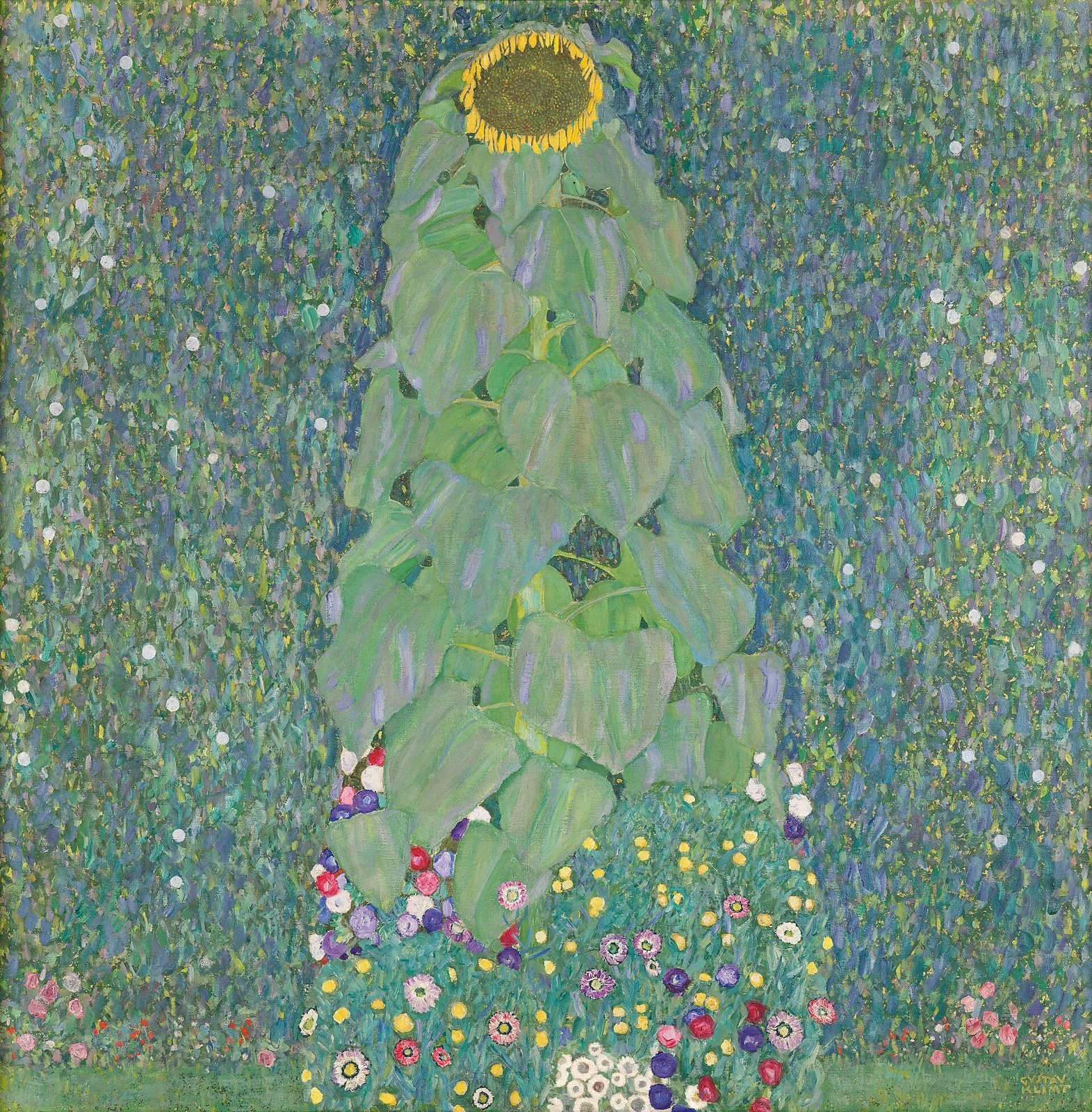 Gustav Klimt, The Sunflower: a tall sunflower of green heart-shaped leaves among flowers, on a speckled blue-green ground.